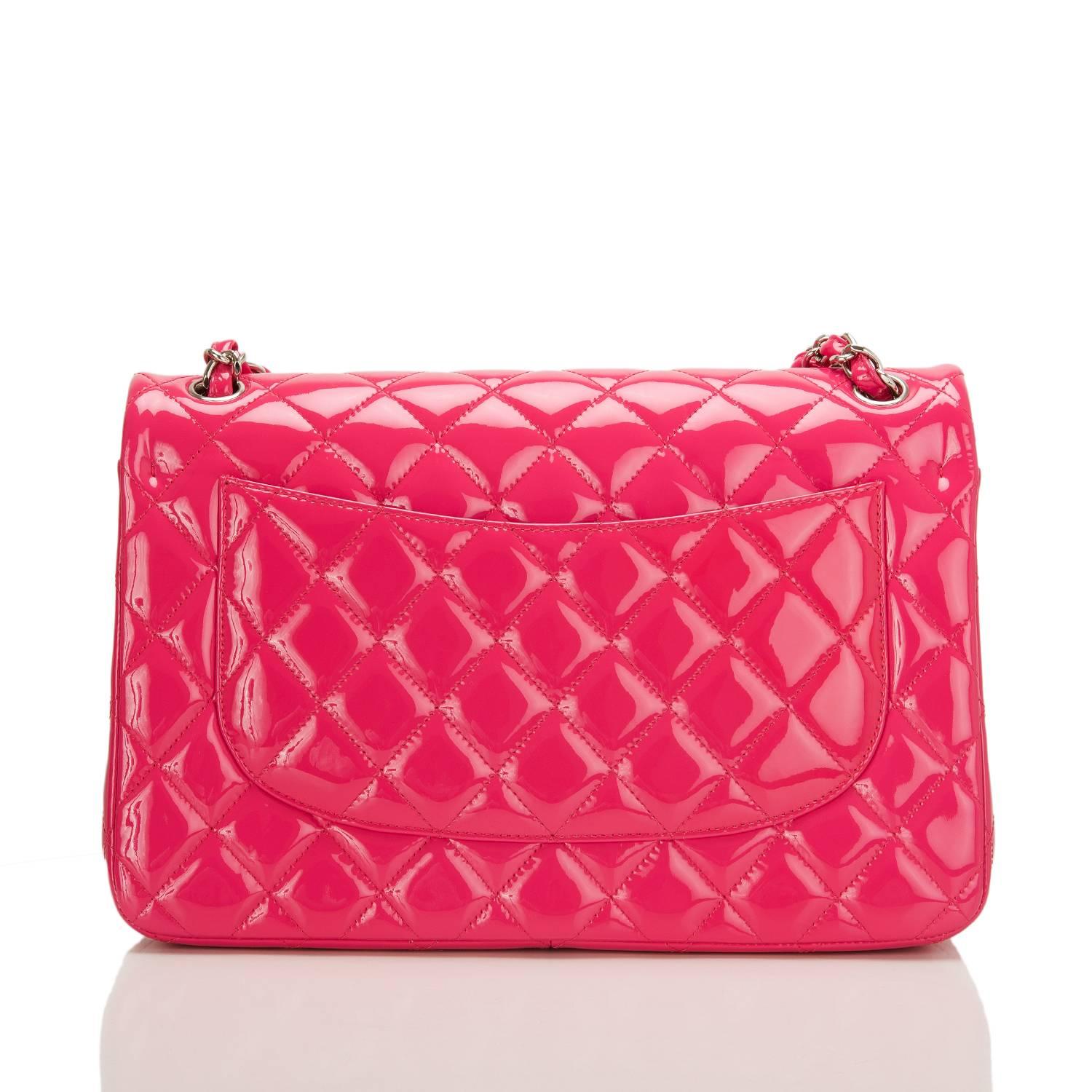 Red Chanel Fuchsia Pink Quilted Patent Jumbo Classic Double Flap Bag
