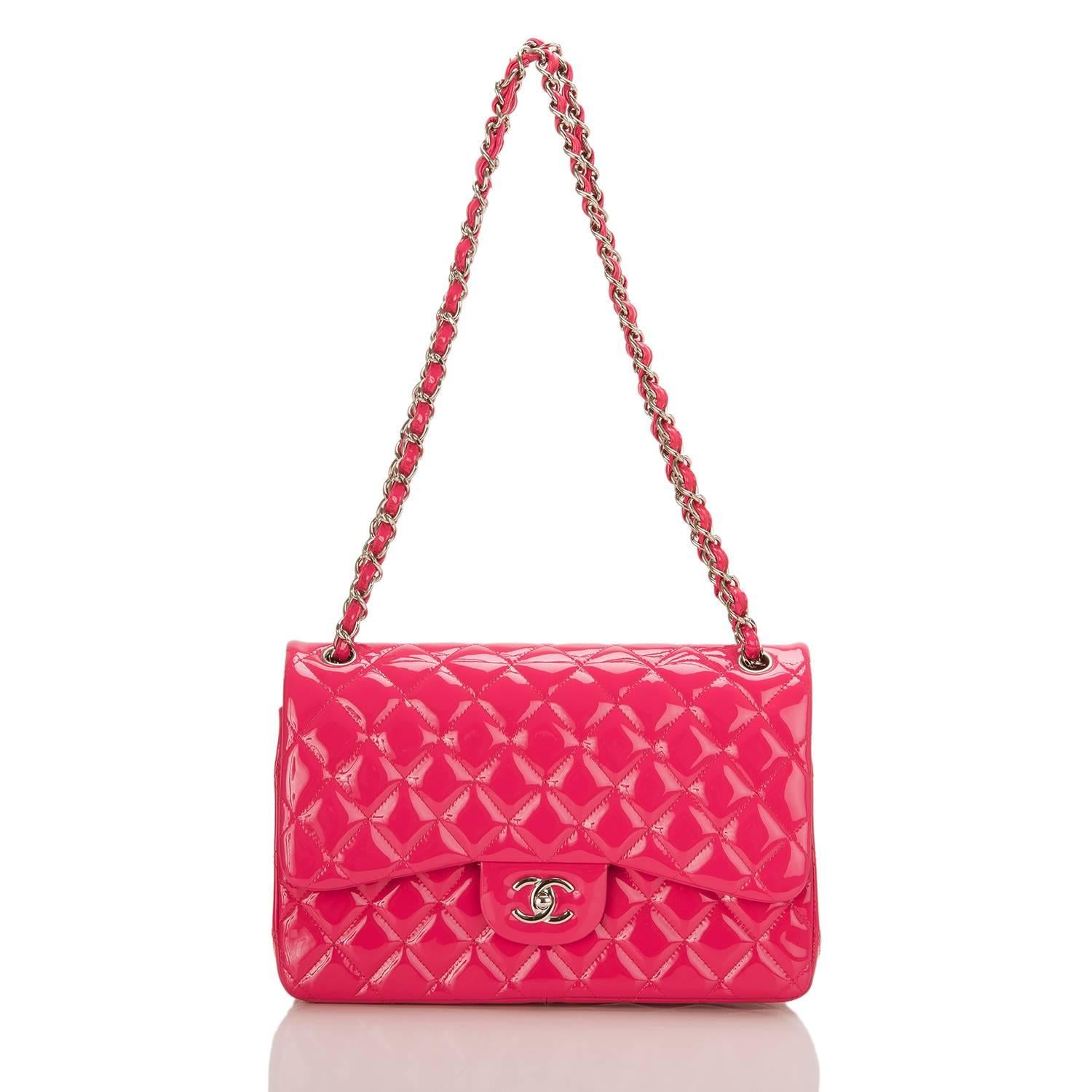 Women's Chanel Fuchsia Pink Quilted Patent Jumbo Classic Double Flap Bag