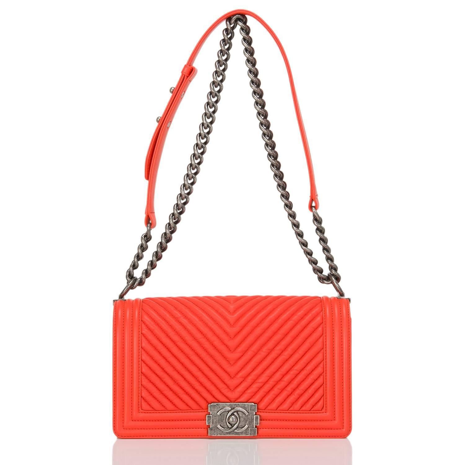 Chanel Orange Chevron Medium Boy Bag In New Condition For Sale In New York, NY
