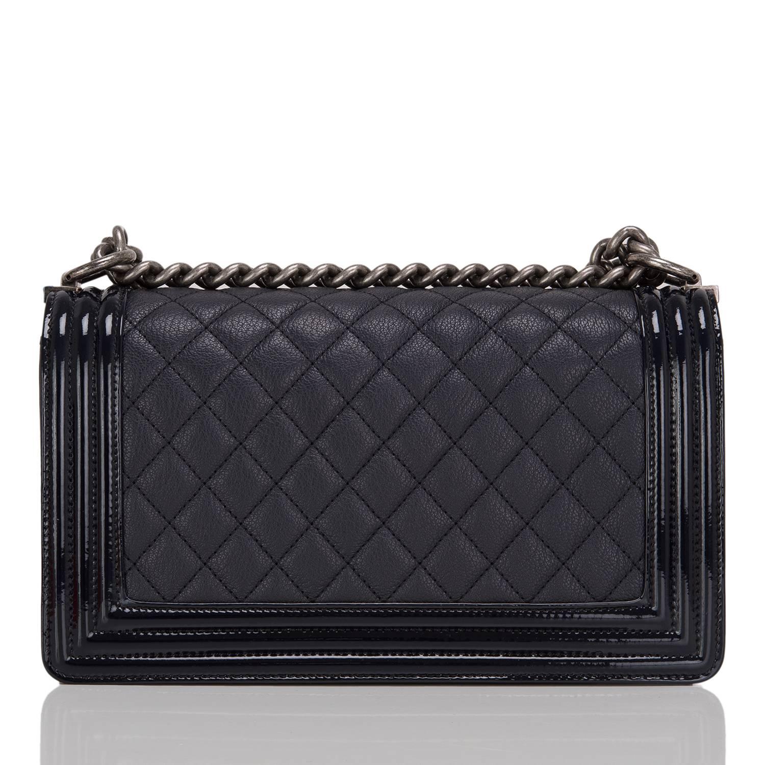 Chanel Black Quilted Goatskin Medium Boy Bag With Patent Trim In New Condition In New York, NY
