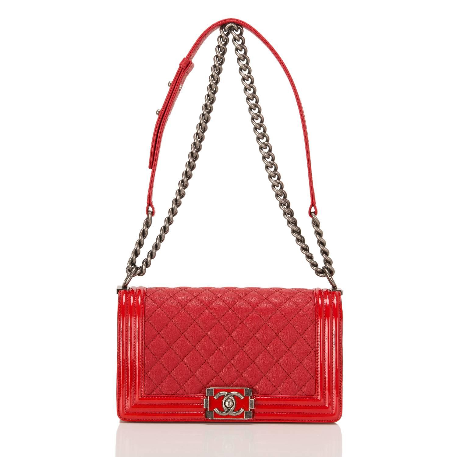 Chanel Red Quilted Goatskin Medium Boy Bag With Patent Trim 1