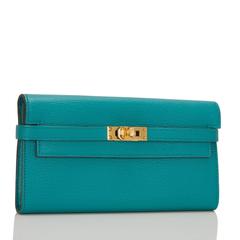 Hermes Blue Paon Chevre Kelly Long Wallet NEW