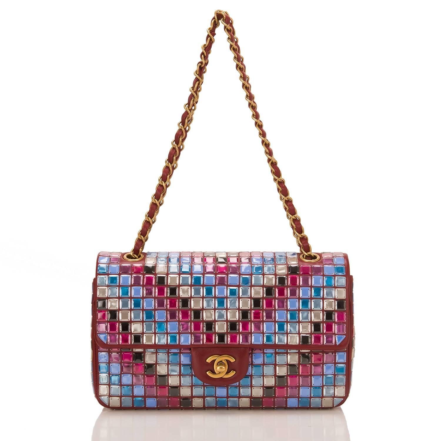 Women's Chanel Runway Red Multicolor Lambskin Medium Mosaic Flap Bag