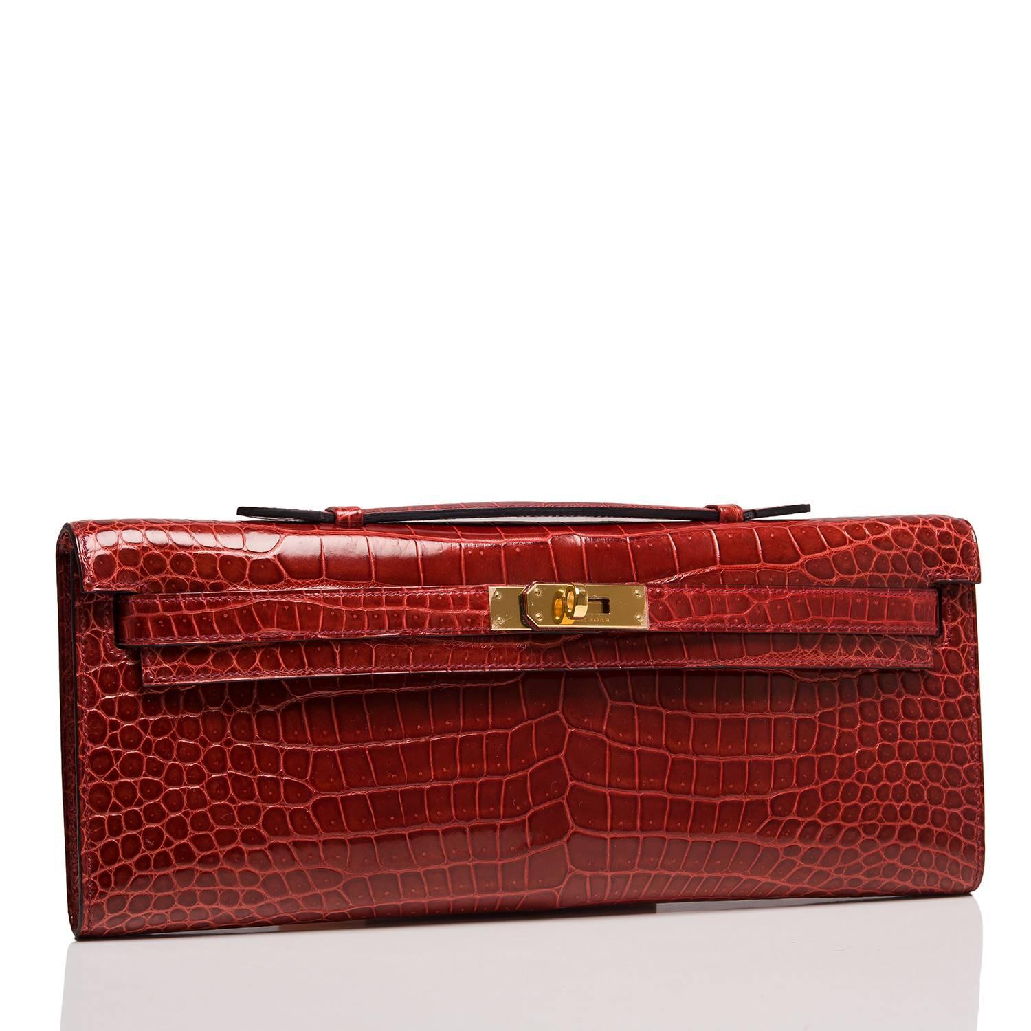 Hermes Rouge H Shiny Porosus Crocodile Kelly Cut For Sale at 1stdibs