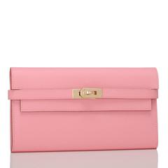 Hermes Rose Confetti Epsom Kelly Longue Wallet Gold Hardware