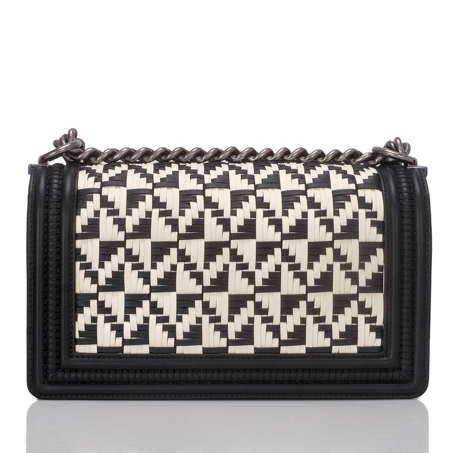 Chanel Black and White Calfskin Braided Medium Boy Bag In New Condition In New York, NY