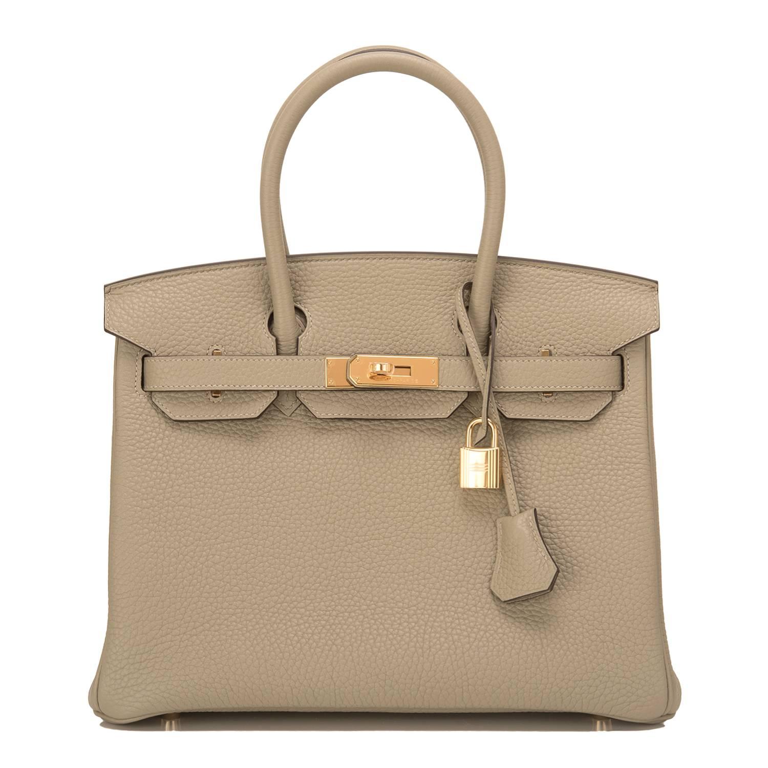 Hermes Sage (Sauge) Birkin 30cm of clemence leather with gold hardware.

This Birkin features tonal stitching, a front toggle closure, a clochette with lock and two keys, and double rolled handles.

The interior is lined with Sage chevre with