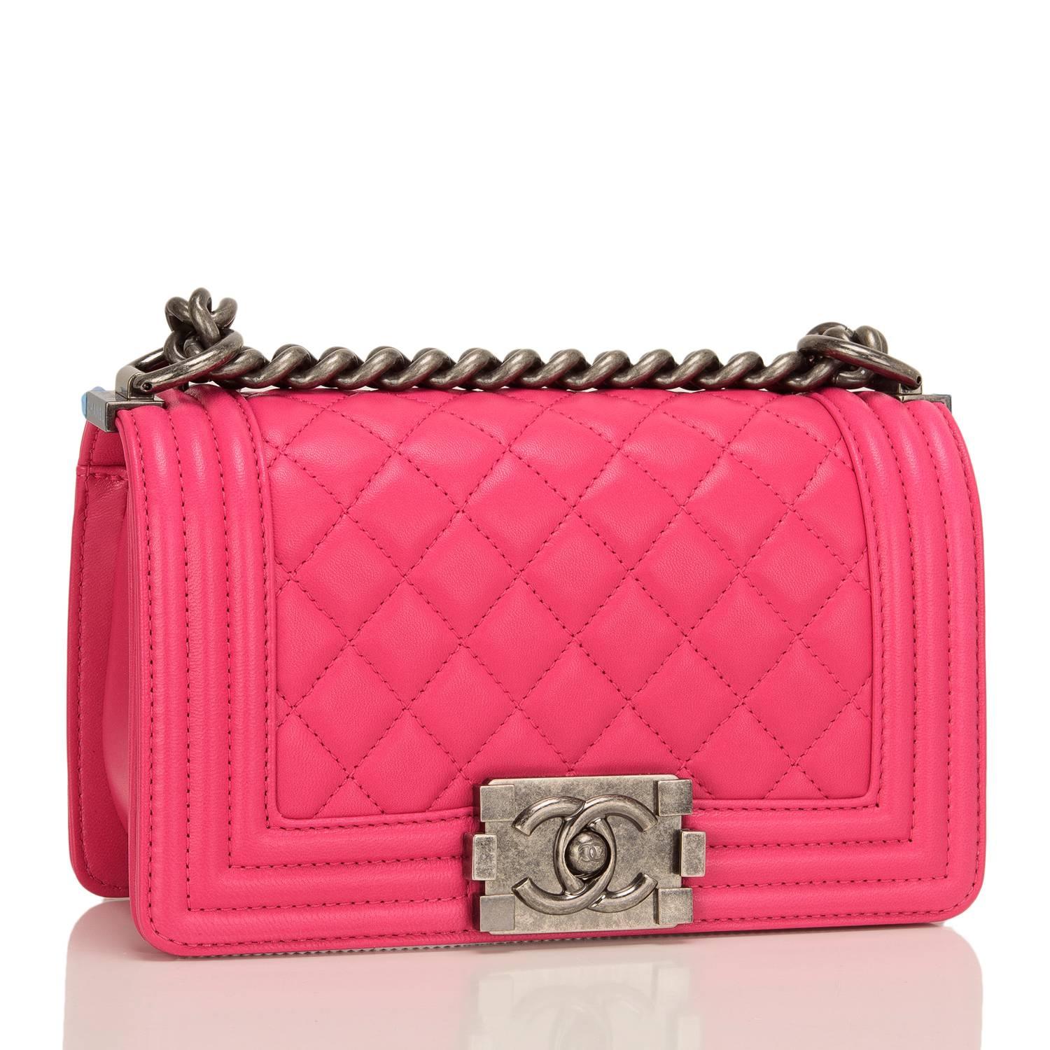 Chanel Fuchsia Pink Lambskin Small Boy Bag In New Condition In New York, NY