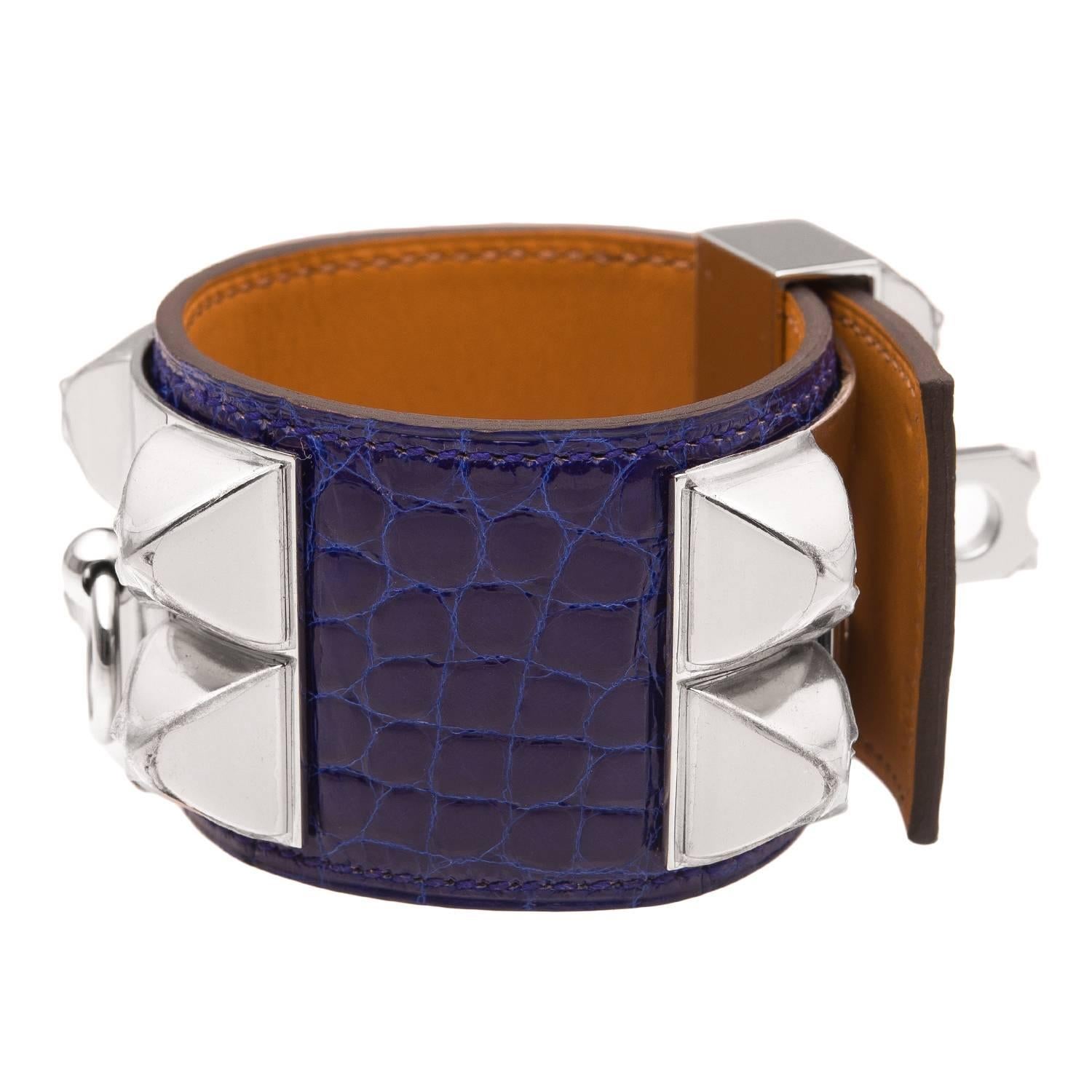 Hermes Blue Electric Alligator Collier De Chien (CDC) Bracelet Small In New Condition For Sale In New York, NY