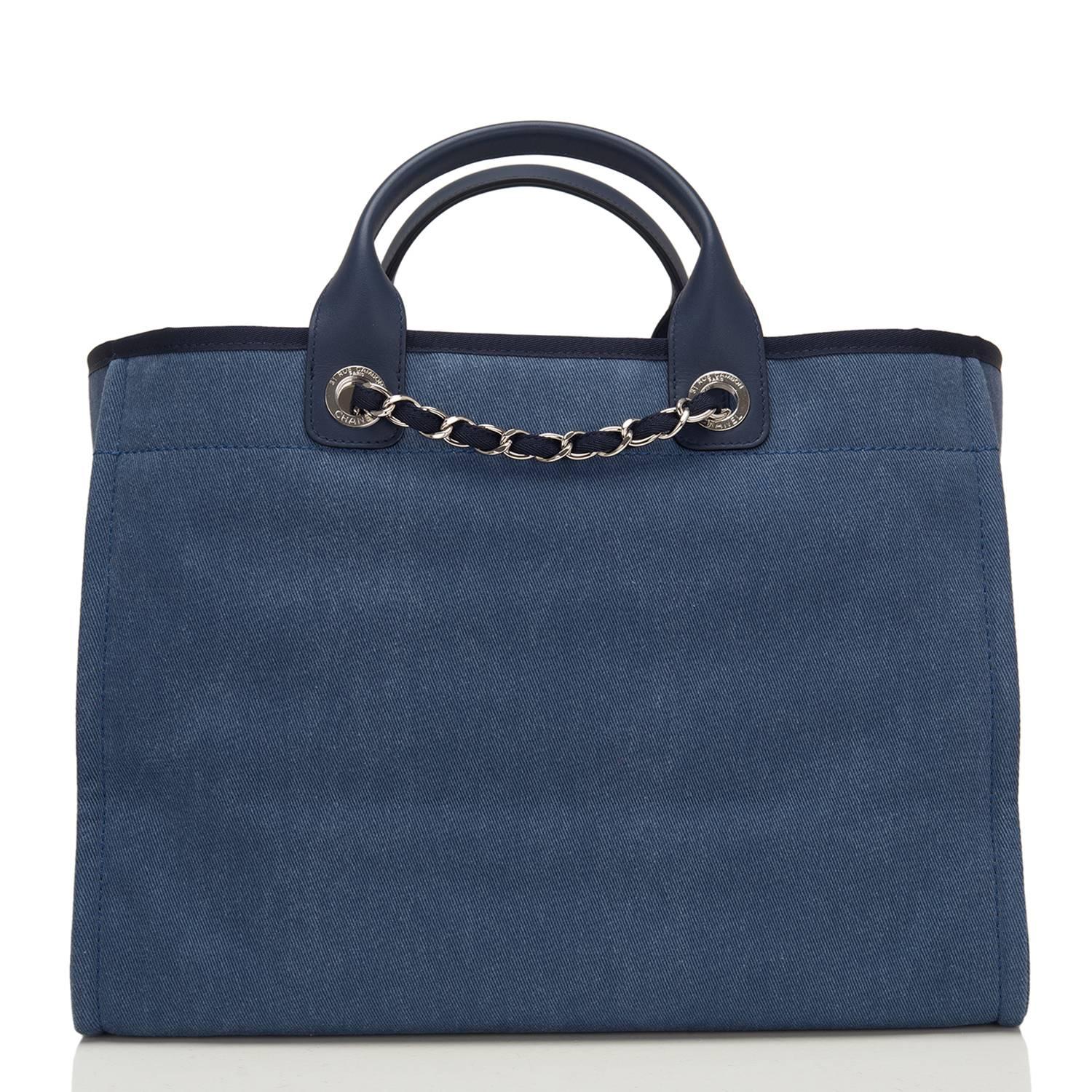 Chanel Large Navy Canvas With Sequins Deauville Tote In New Condition For Sale In New York, NY