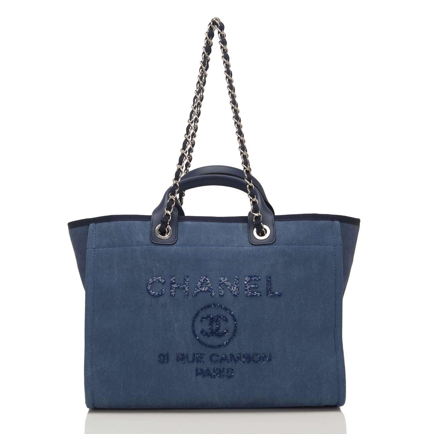 Chanel Large Navy Canvas With Sequins Deauville Tote For Sale 1