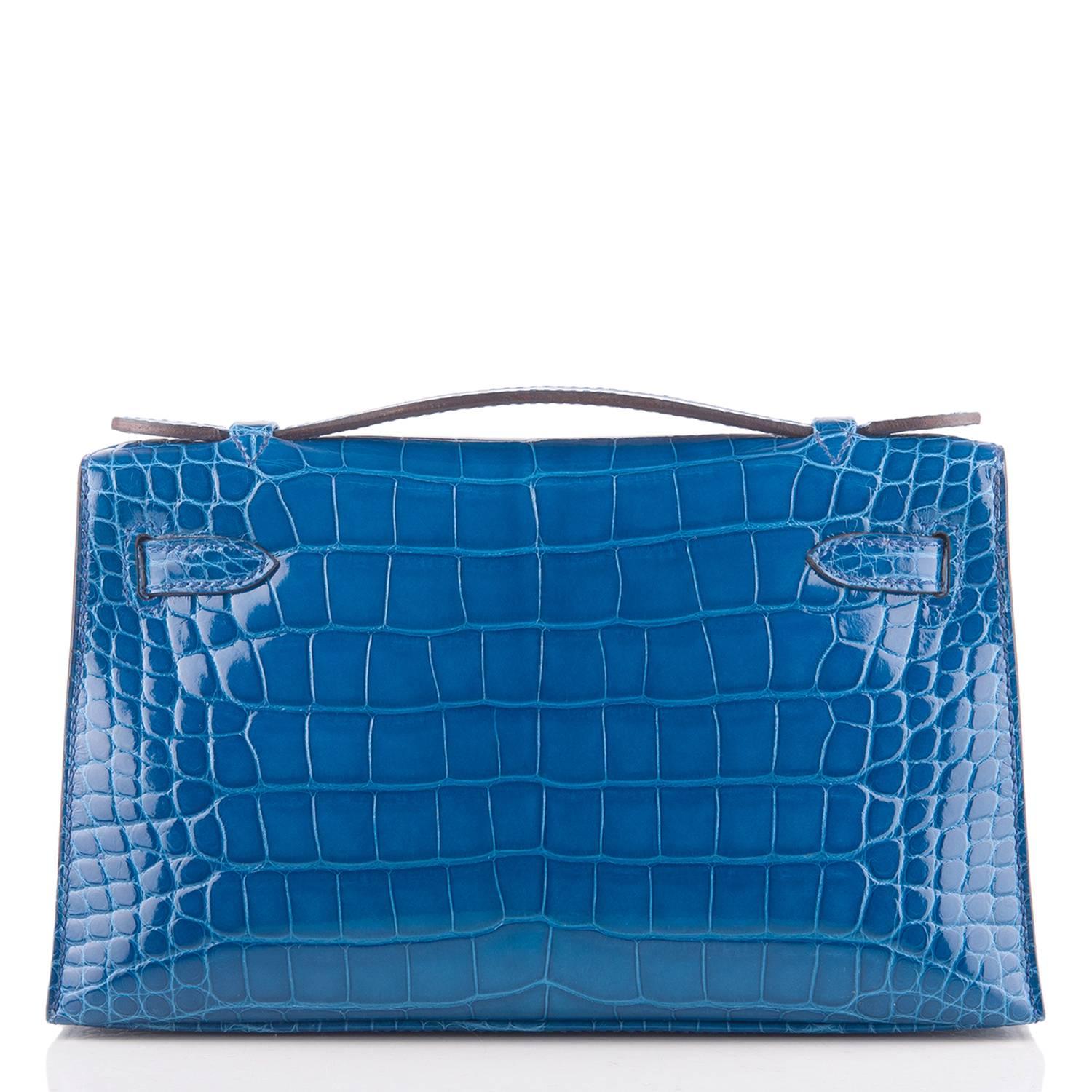 Blue Hermes Mykonos Shiny Alligator Mini Kelly Pochette For Sale