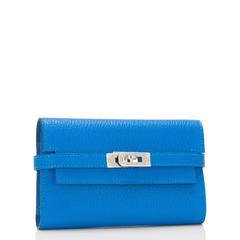 Hermes Blue Hydra Chevre Medium Bifold Kelly Wallet Palladium Hardware