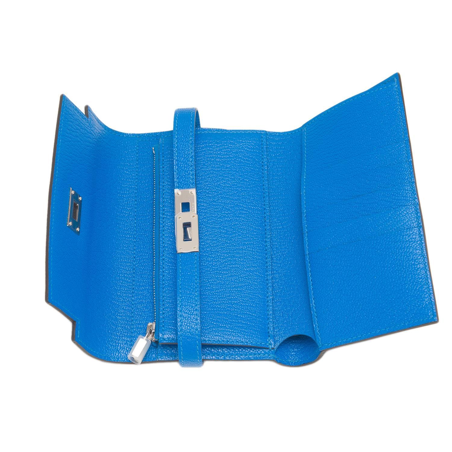 Hermes Blue Hydra Chevre Medium Bifold Kelly Wallet Palladium Hardware For Sale 2