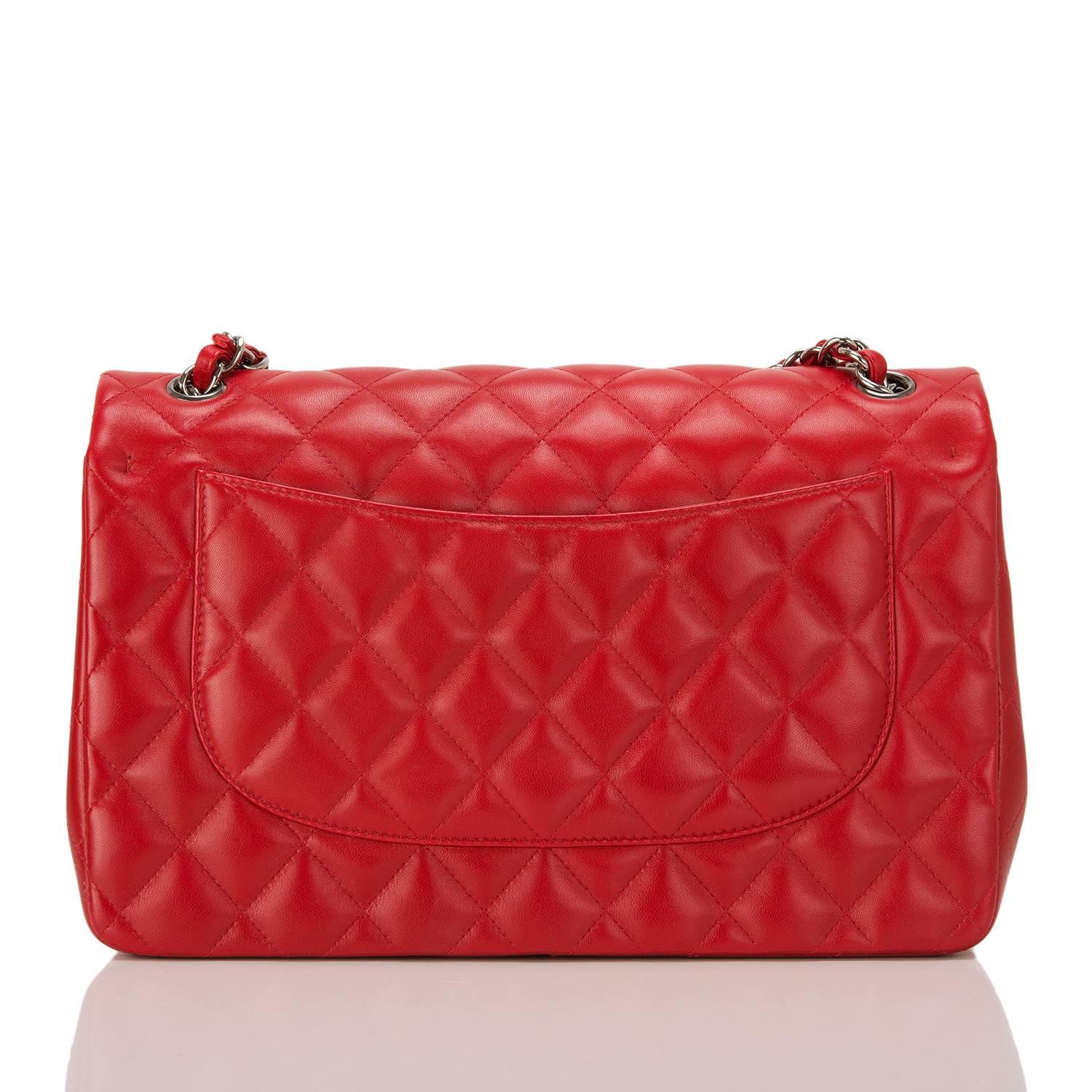 Chanel Red Quilted Lambskin Jumbo Classic Double Flap Bag In New Condition In New York, NY