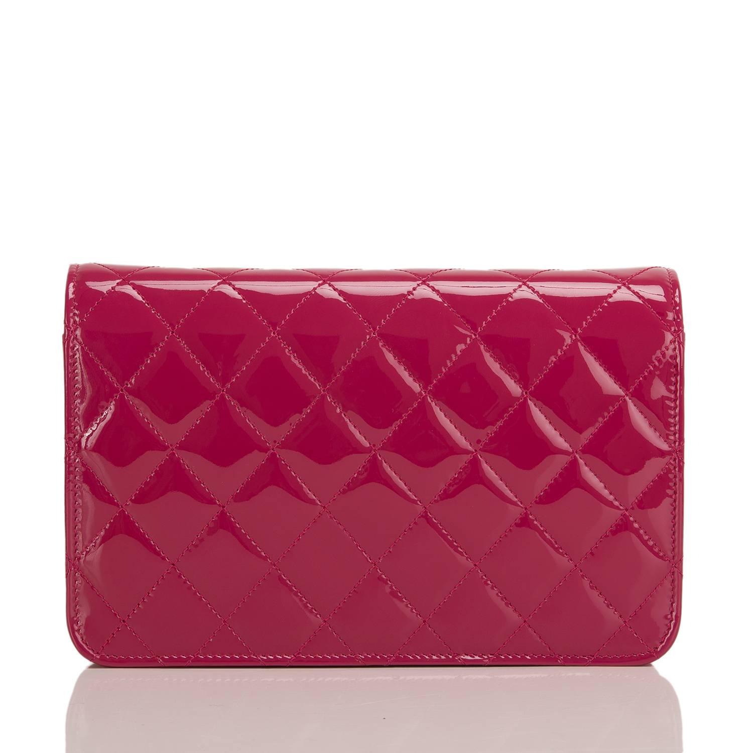 Red Chanel Dark Pink Quilted Patent CC Wallet On Chain (WOC)