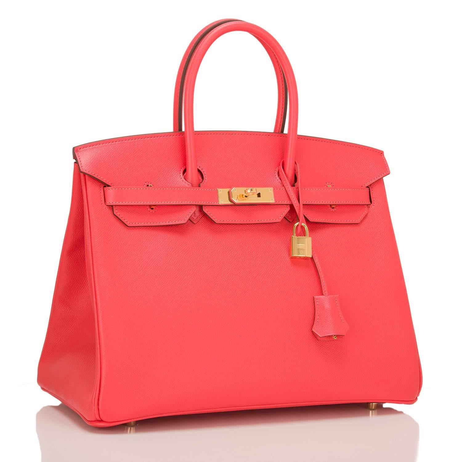 This Hermes Rose Jaipur 35cm in epsom leather with gold hardware.

This Birkin features tonal stitching, front toggle closure, clochette with lock and two keys, and double rolled handles. The interior is lined in Rose Jaipur chevre with one zip