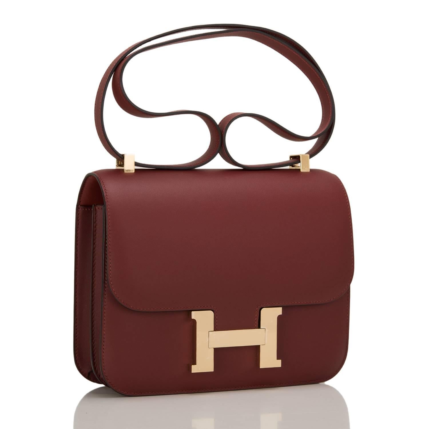 Hermes Rouge H Veau Sombrero leather Constance 24cm with gold hardware.

This classic Hermes style features tonal stitching, palladium hardware, metal 