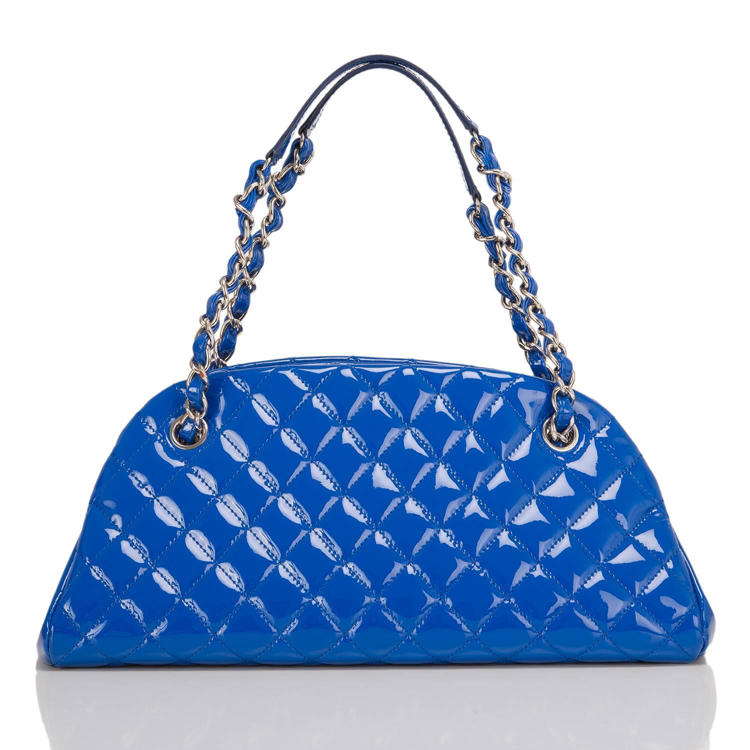 Chanel Blue Quilted Patent Medium Just Mademoiselle Bag In Excellent Condition In New York, NY
