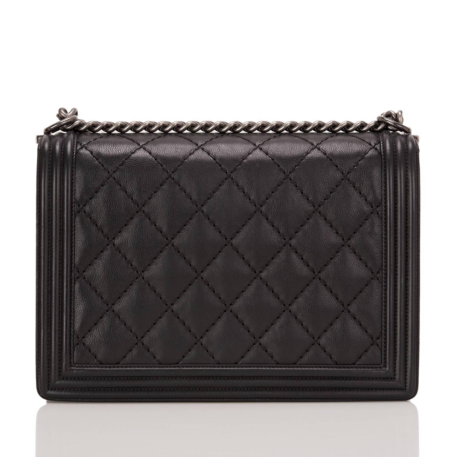 Chanel Pearlized Black Double Quilt Calfskin Large Boy Bag In New Condition In New York, NY