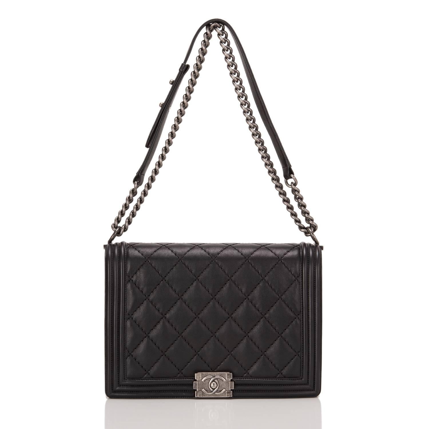 Chanel Pearlized Black Double Quilt Calfskin Large Boy Bag 1