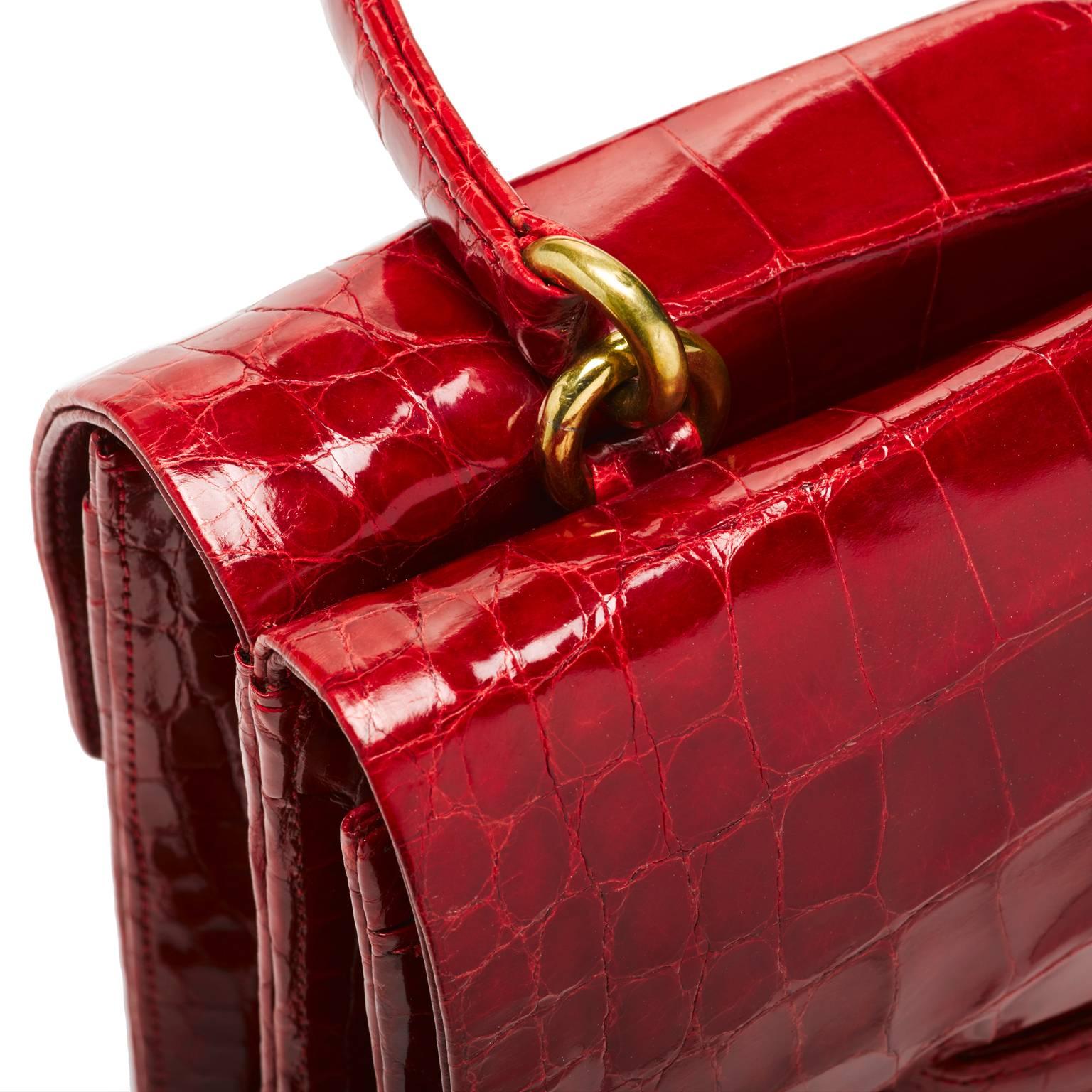 Lorry Newhouse Alligator Ruby Red Double Bag with detachable shoulder strap  In New Condition For Sale In New York, NY