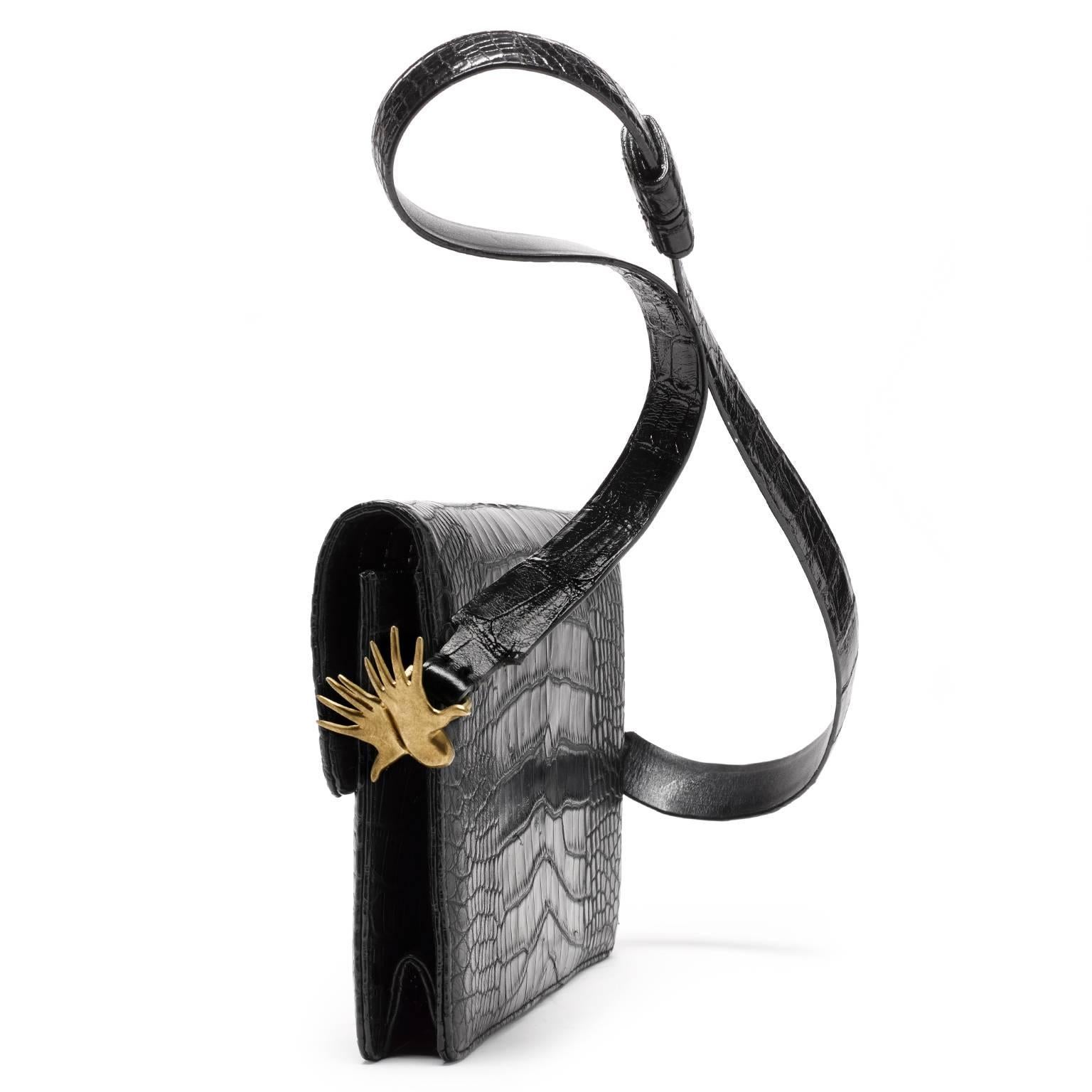 Women's or Men's Alligator Clutch Black Handbag with detachable adjustable strap  For Sale
