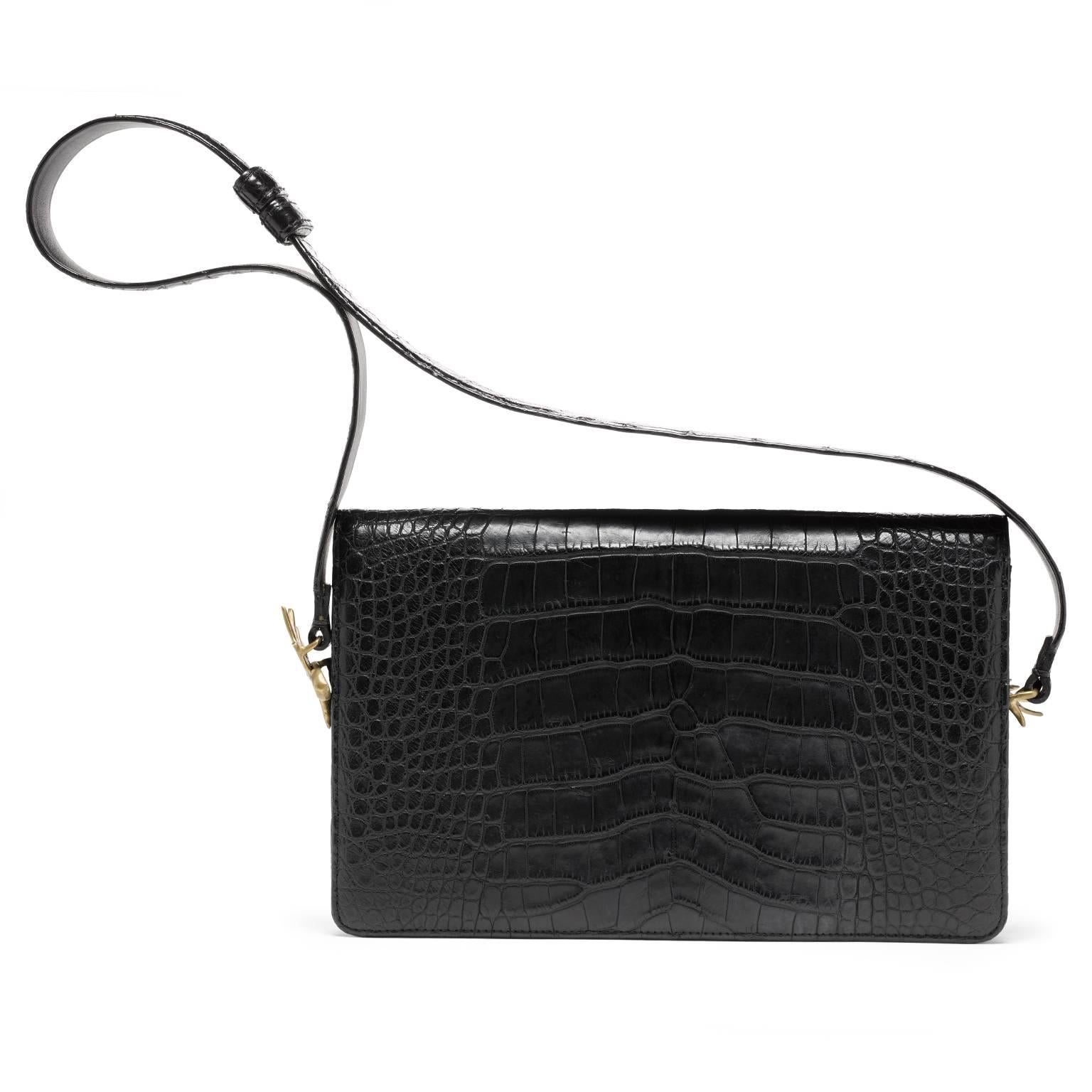 Alligator Clutch Black Handbag with detachable adjustable strap  For Sale 1