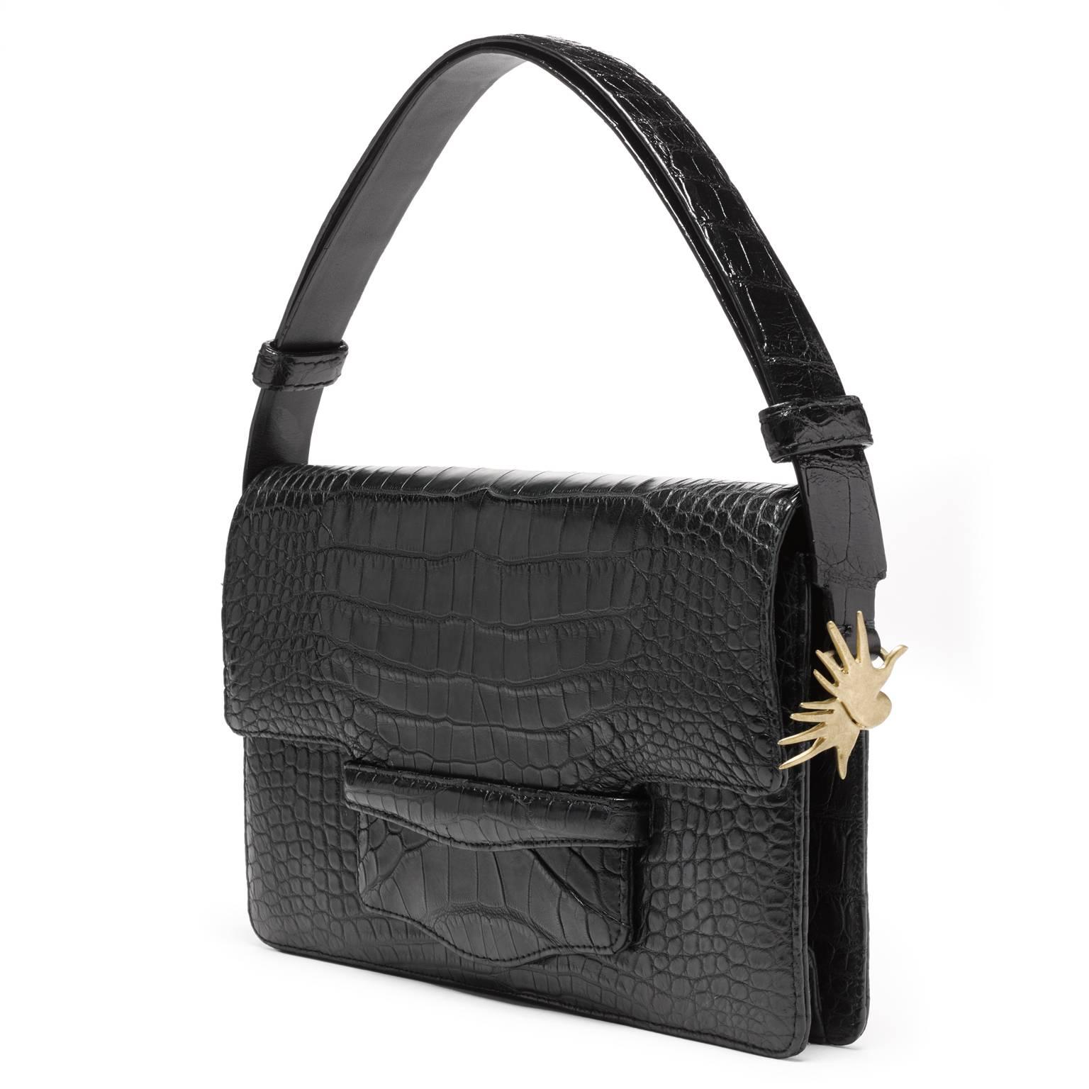 Alligator Clutch Black Handbag with detachable adjustable strap  For Sale