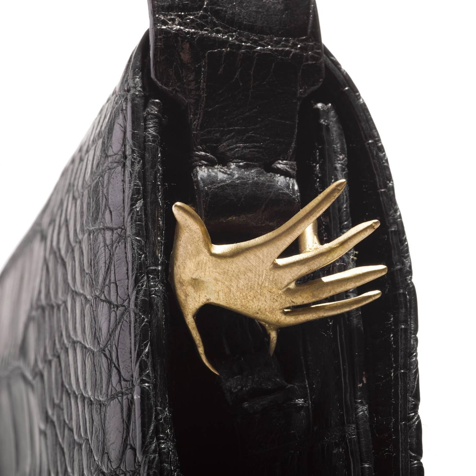 Alligator Clutch Black Handbag with detachable adjustable strap  For Sale 2