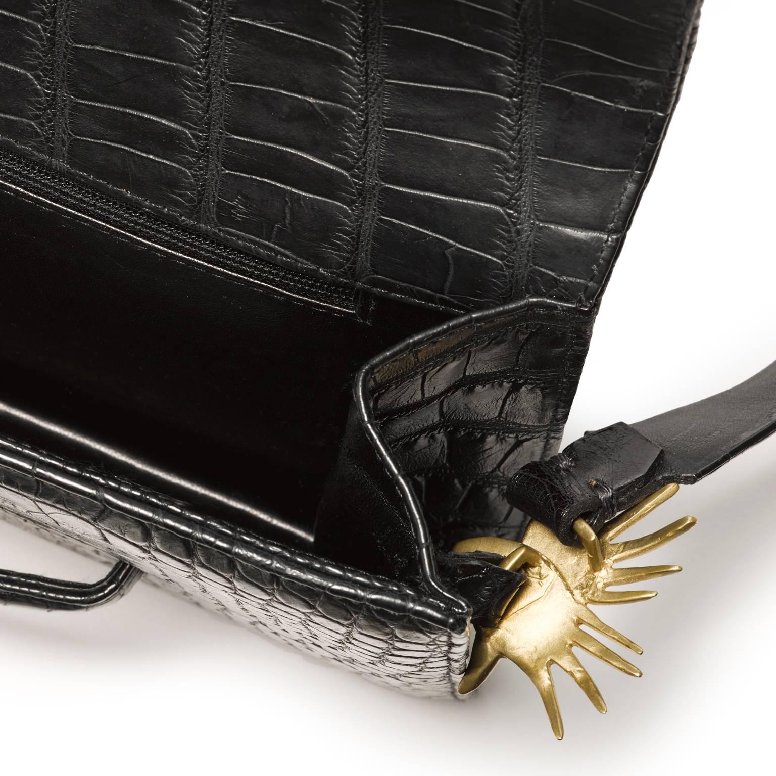 Alligator Clutch Black Handbag with detachable adjustable strap  For Sale 4