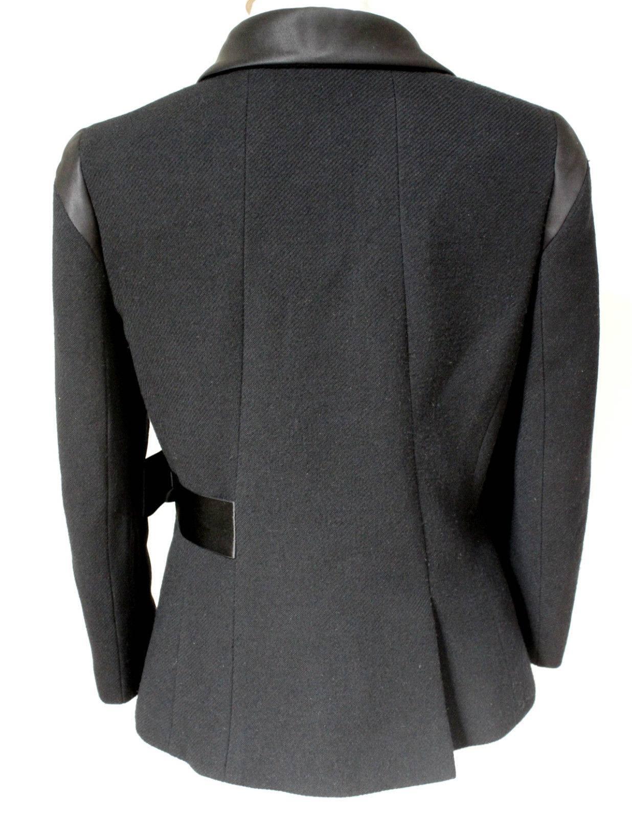 Black Chanel classic black wool satin bow jacket 42 uk 14
