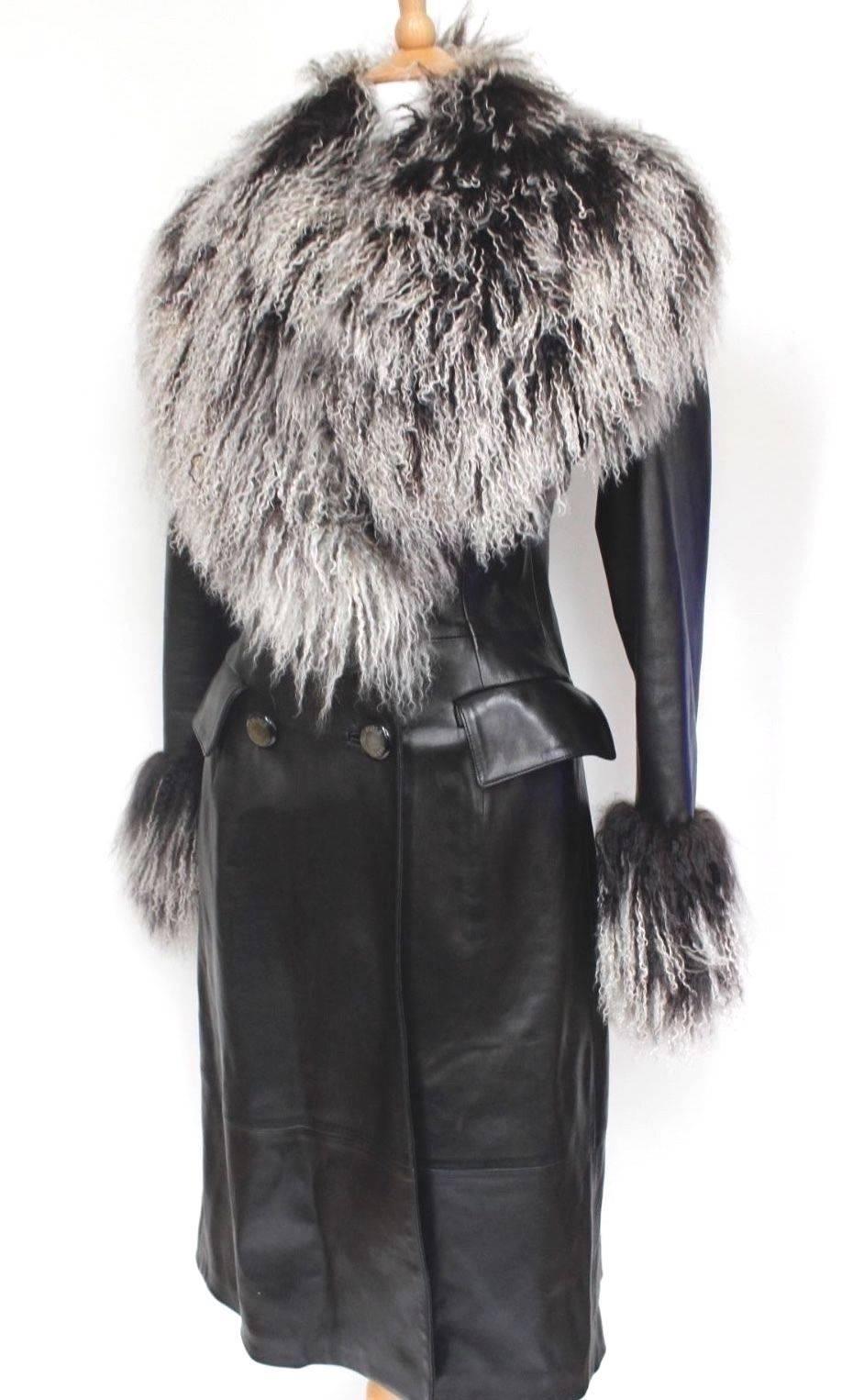 Women's Jitrois Black Leather Mongolian Fur Trim Coat F 38 uk 10