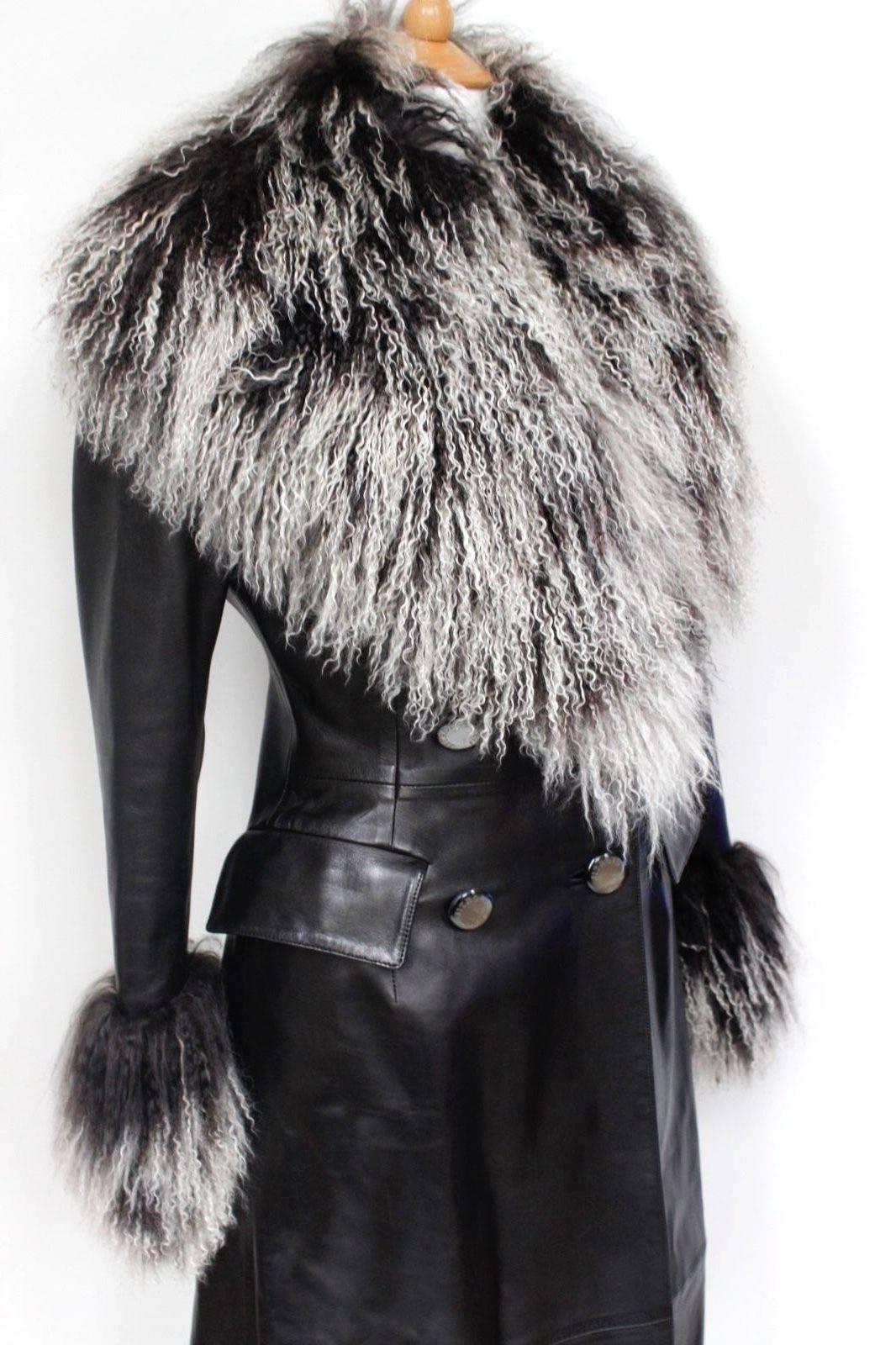 Jitrois Black Leather Mongolian Fur Trim Coat F 38 uk 10 In Excellent Condition In London, GB
