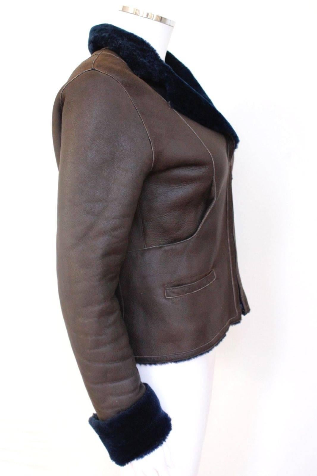 Black CHANEL 2004 Brown Leather Navy Shearling Lambskin Jacket F 38 UK 10