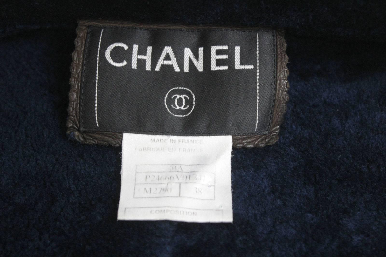 CHANEL 2004 Brown Leather Navy Shearling Lambskin Jacket F 38 UK 10 1