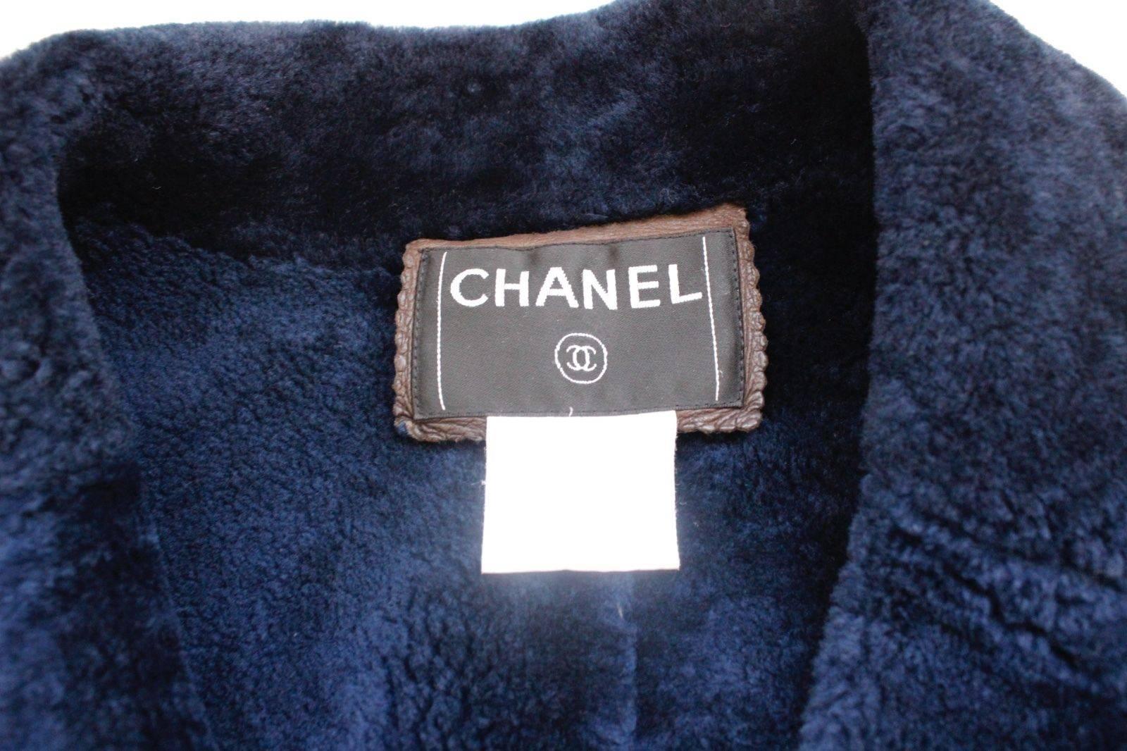Women's CHANEL 2004 Brown Leather Navy Shearling Lambskin Jacket F 38 UK 10
