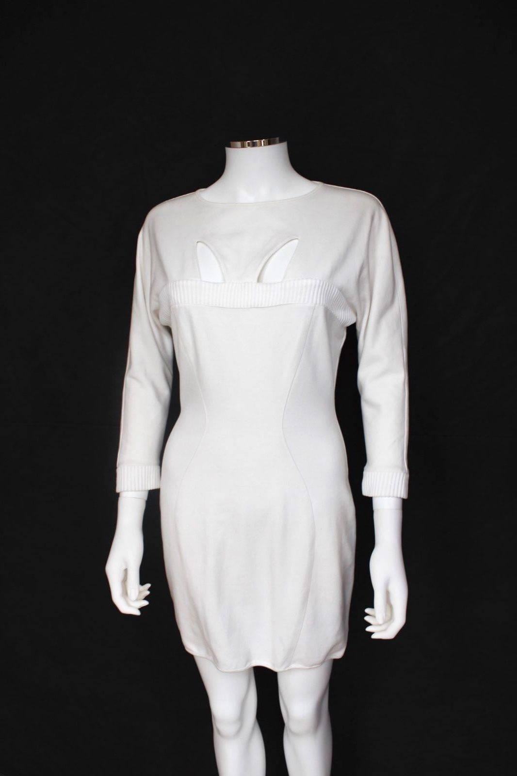 Terry Mugler Vintage White Cut Out Stretch Dress 44 In Excellent Condition For Sale In London, GB