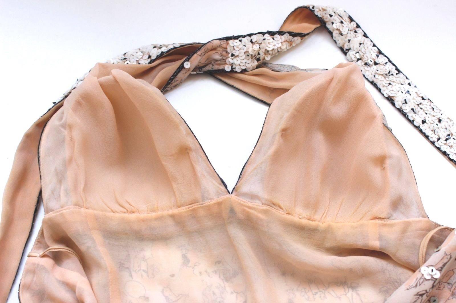 Chanel Sequin Gabrielle Print Peach Silk Chiffon Brooch Dress 40 uk 12 For Sale 1