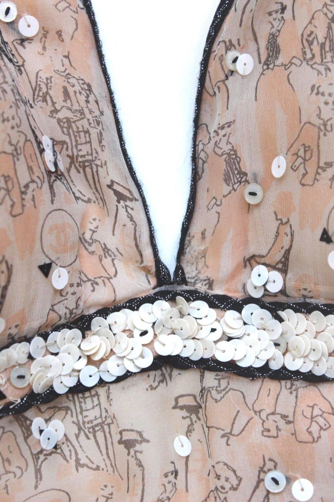 Chanel Sequin Gabrielle Print Peach Silk Chiffon Brooch Dress 40 uk 12 For Sale 2