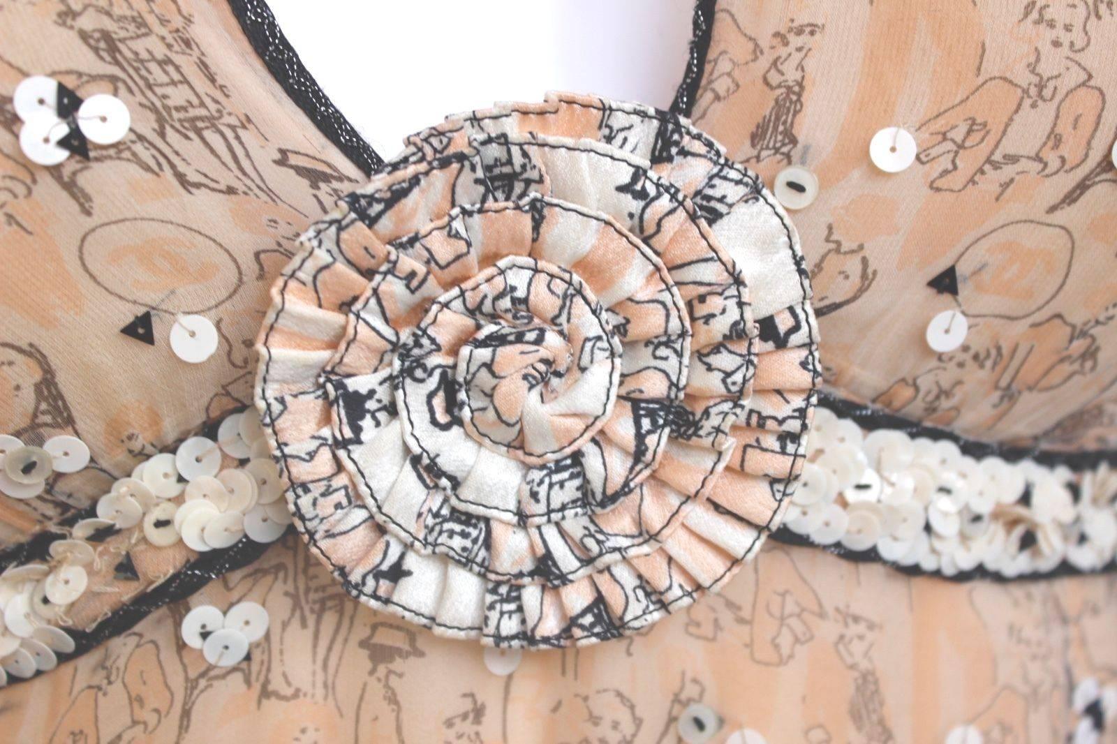 Chanel Sequin Gabrielle Print Peach Silk Chiffon Brooch Dress 40 uk 12 For Sale 4