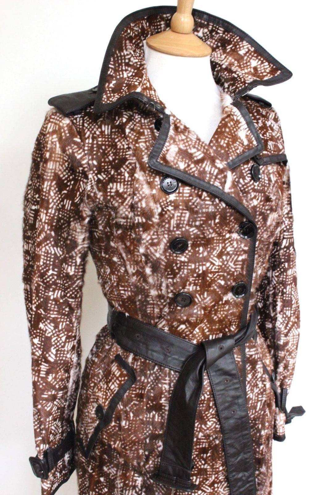 Women's Burberry Brown Abstract Print Rabbit Fur Leather Trench Coat UK 8 For Sale