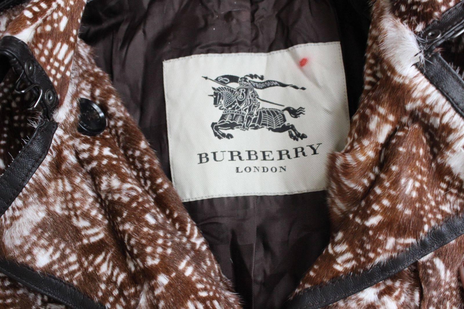Burberry Brown Abstract Print Rabbit Fur Leather Trench Coat UK 8 For Sale 4