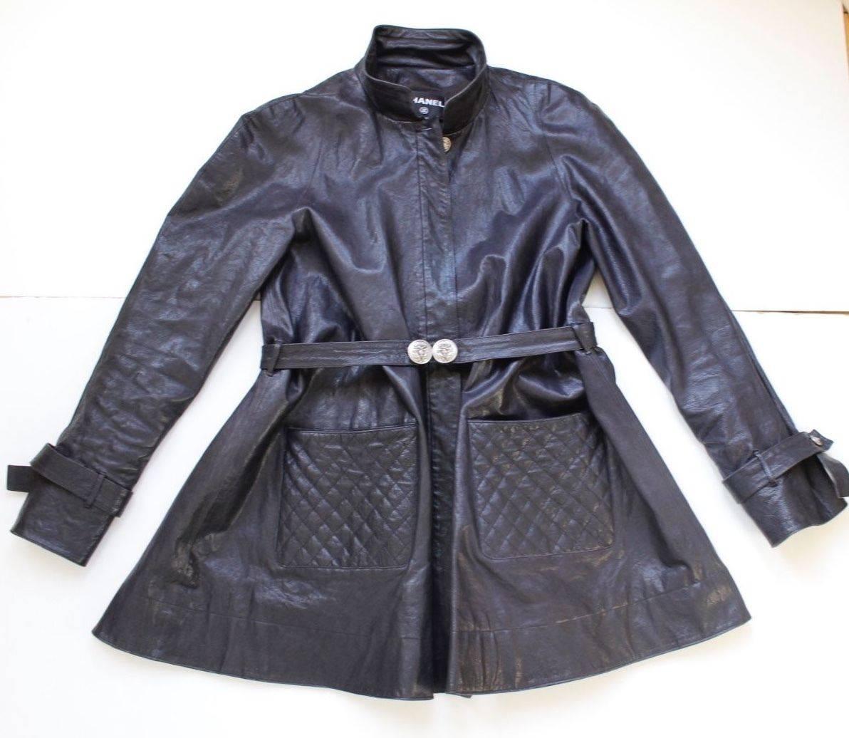 Women's Chanel Black Quilted Leather Swing Coat Jacket 42 uk 14