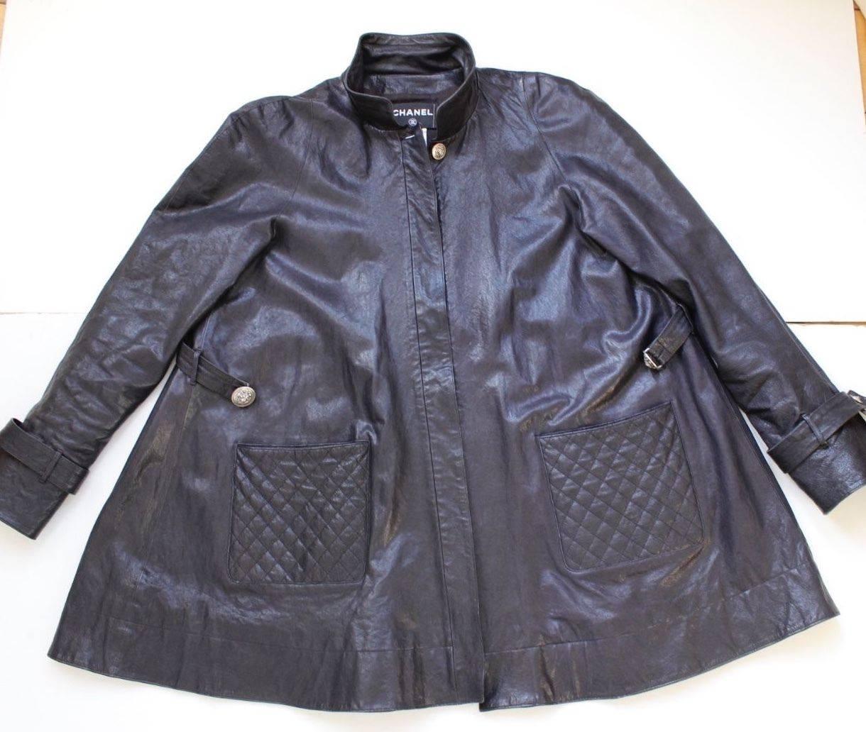 Chanel Black Quilted Leather Swing Coat Jacket 42 uk 14 4