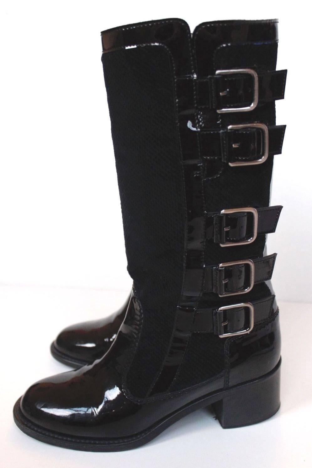 CHANEL Black Patent Leather Multi Buckle Boots 36.5 UK 3.5 For Sale 2