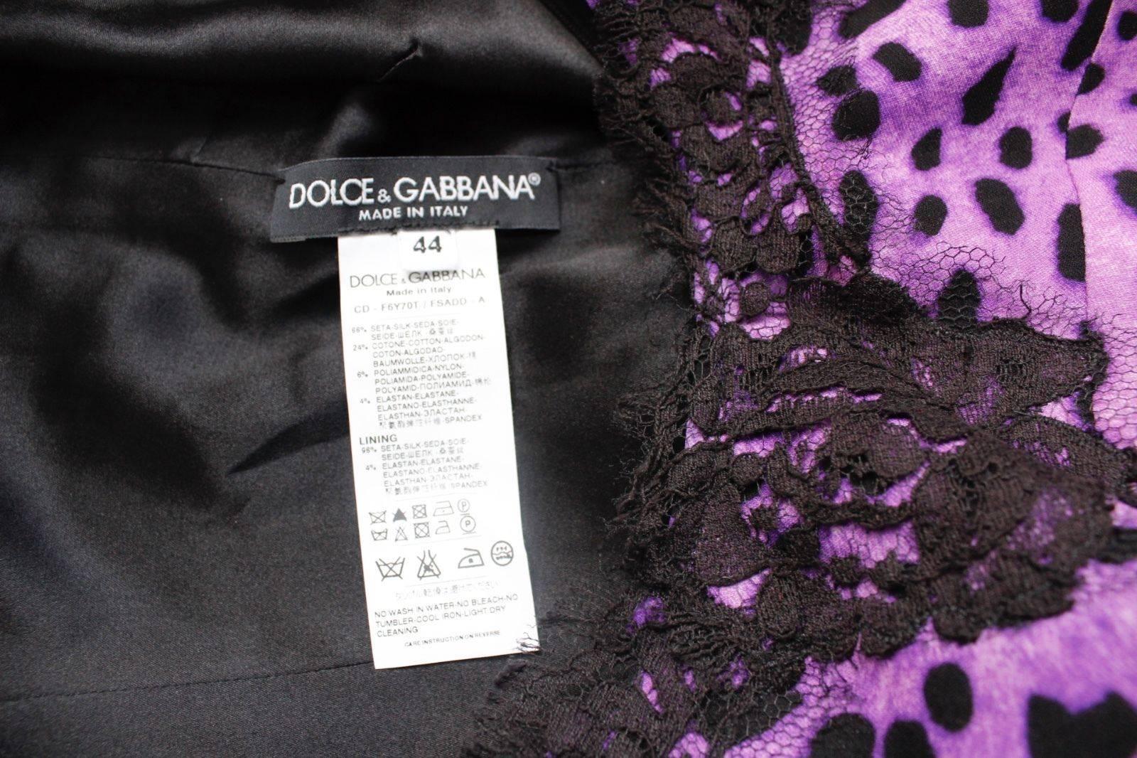 Dolce & Gabbana Black Lace Purple Leopard Print Dress 44 uk 12  In Excellent Condition For Sale In London, GB