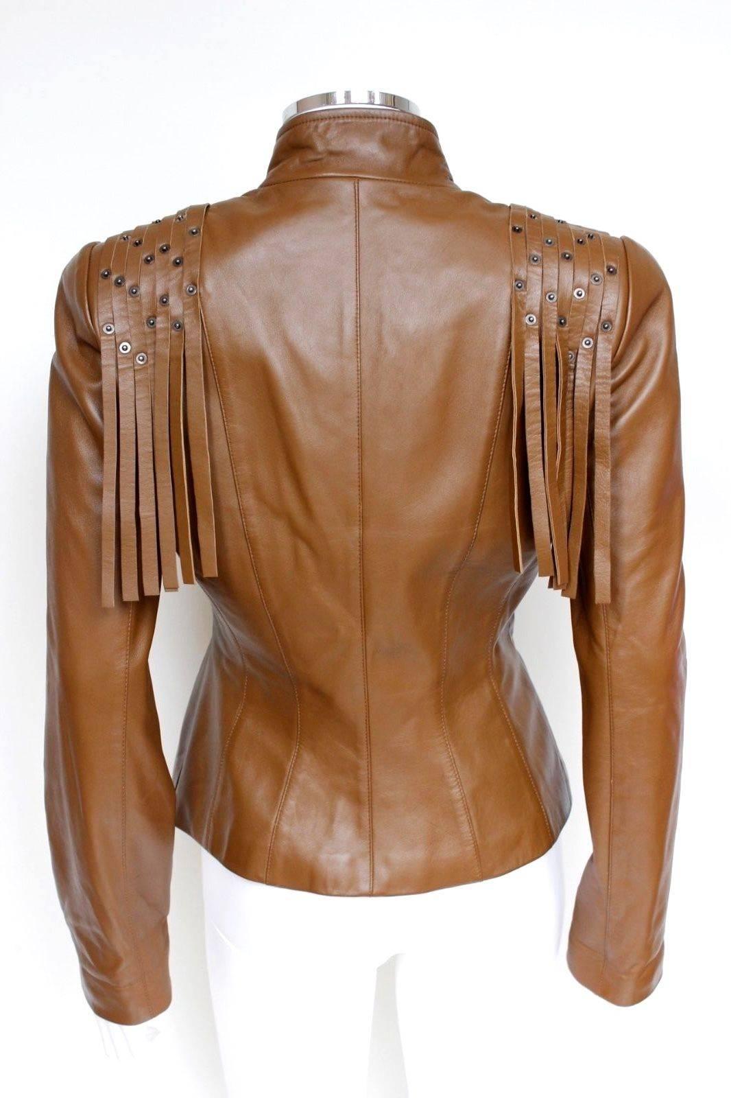 Mugler Tan Leather Fringe Jacket F38 UK 10  In Excellent Condition In London, GB