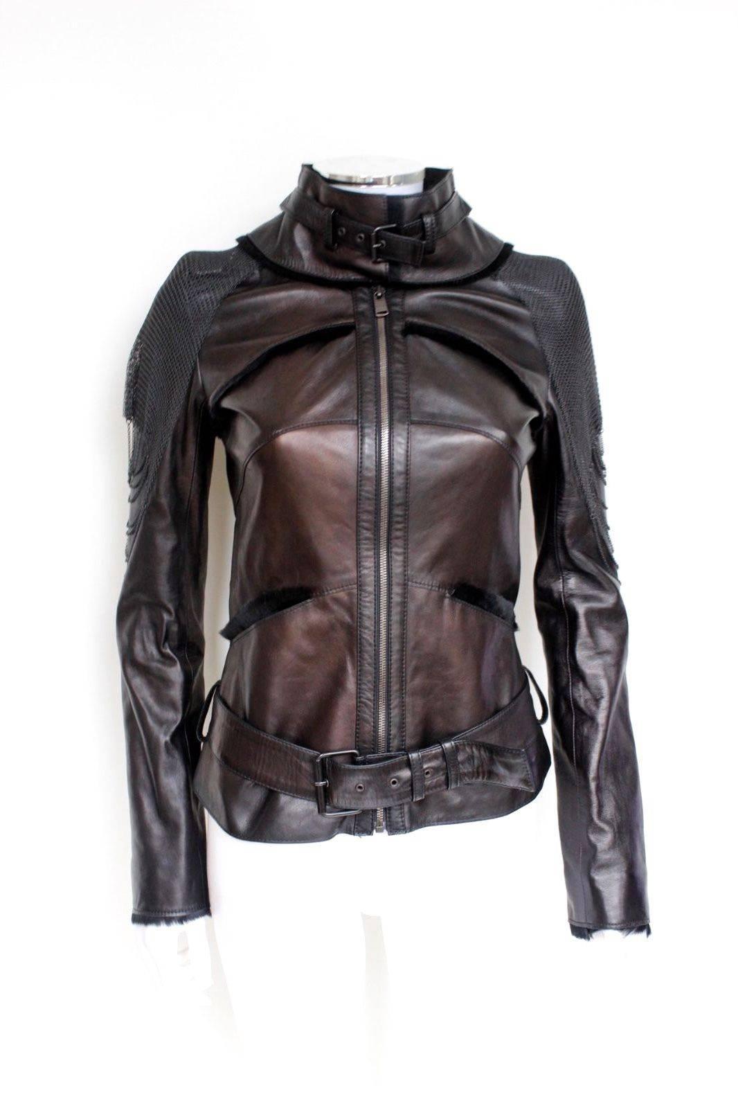 Jitrois Black Bronze Chainmail Shoulder Fur Leather Jacket F36 uk 8  1