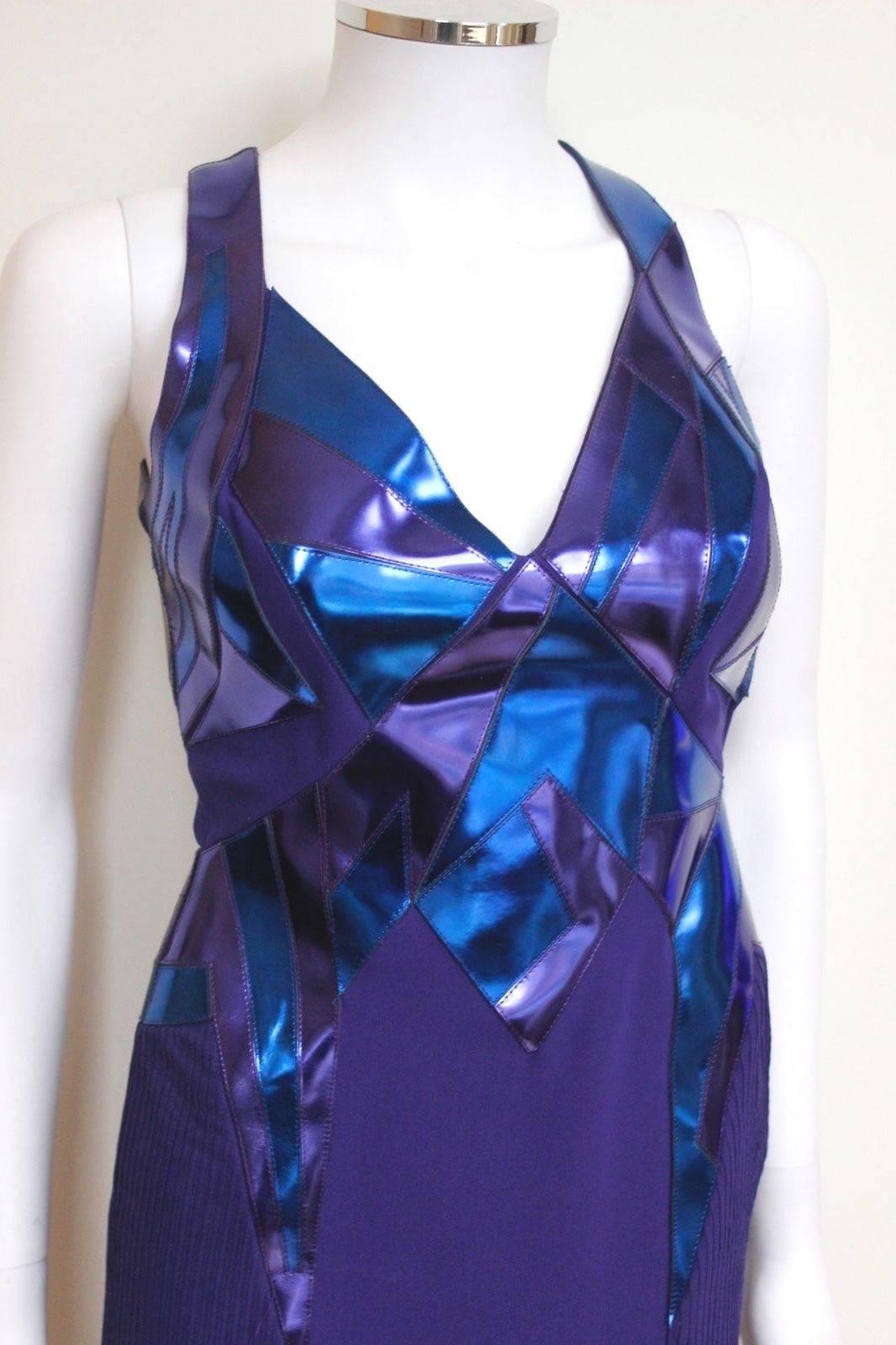 Women's Versace Ladies Purple Blue Leather FW 2010 Catwalk Gown Dress 38 uk 6   For Sale